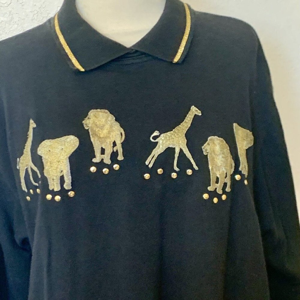 Tia womens top SZ LG womens Exotic animals Giraffe Lion Elephant Black s…